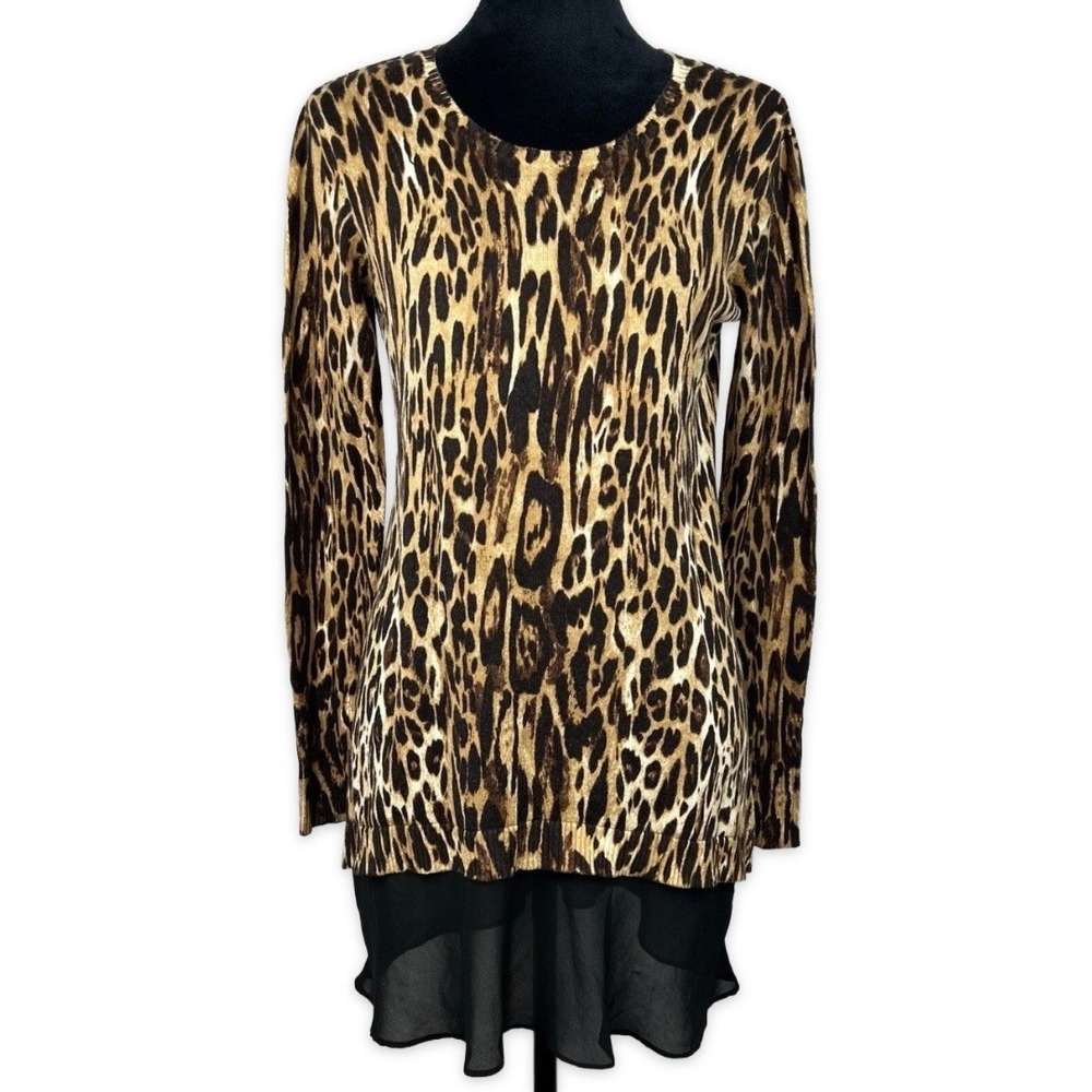 LOGO Lori Goldstein Leopard Print Knit Tunic Chiffon Layered Hem XS Brown Black